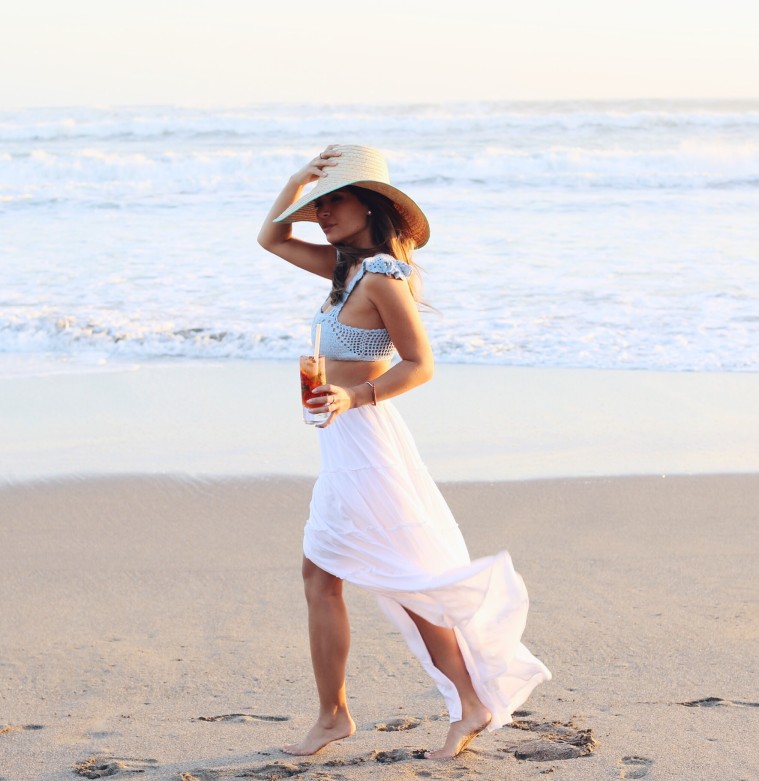 marianna hewitt travel blog beach white skirt crop top sunset w hotel bali seminyak