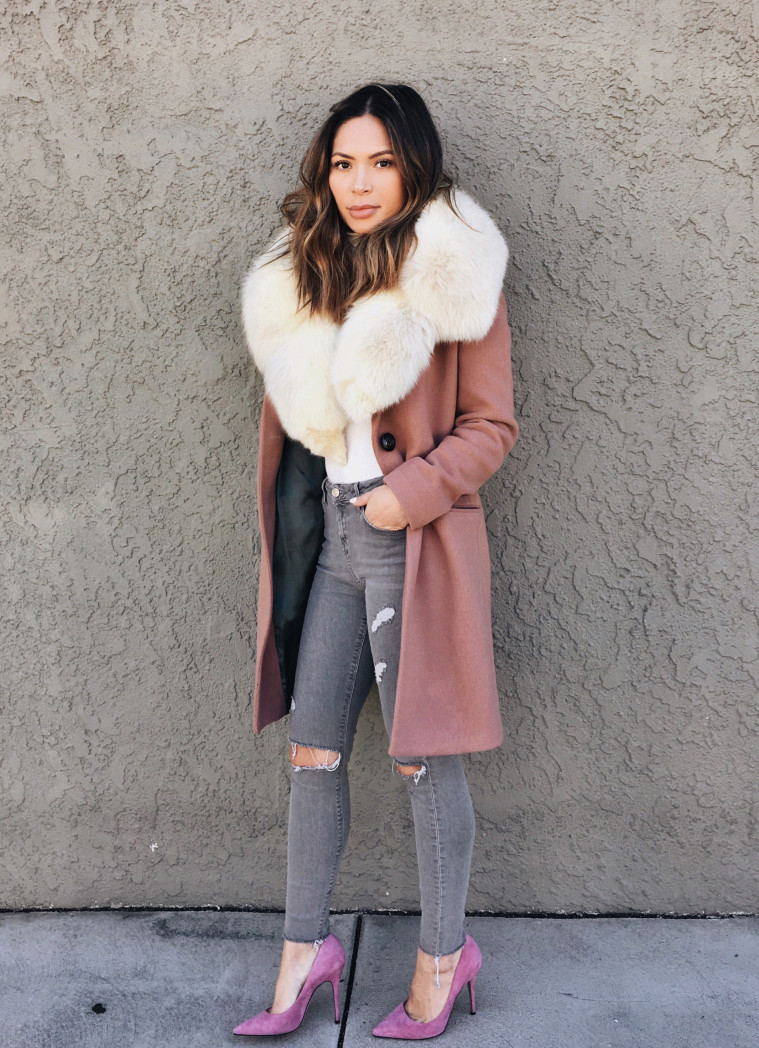 marianna hewitt outfit rose coat suede shoes fur stole topshop petite jeans
